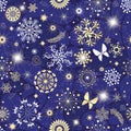 Blue Christmas pattern with lacy vintage snowflakes, glowing stars Royalty Free Stock Photo
