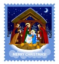 Blue Christmas postage stamp with scene of the Nativity of Christ and the Adoration of the Magi in a night winter forest Royalty Free Stock Photo