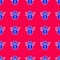 Blue Christmas snowman icon isolated seamless pattern on red background. Merry Christmas and Happy New Year. Vector Royalty Free Stock Photo