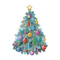 Blue Christmas tree with colorful ornaments, vector illustration