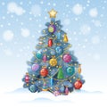 Blue Christmas tree with colorful ornaments, vector illustration Royalty Free Stock Photo