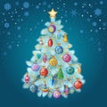 Blue Christmas tree with colorful ornaments, vector illustration Royalty Free Stock Photo