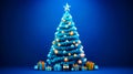 Blue christmas tree with presents around it and star on top of it. Generative AI