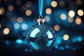 AI generated. Blue Christmas tree toy ball with festive bokeh background