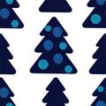 Blue Christmass tree with pompom bobble bowls, vector seamless pattern. Big and small trees on white background Royalty Free Stock Photo