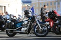 Blue and chrom motorcycle Honda Steed 400 VLX with helmet on handlebar. Right view Royalty Free Stock Photo