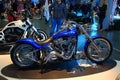 A blue and chrome custom Harley Davidson motorcycle at the IMIS2019 Motor Show. Saint-Petersburg, Russia