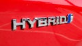 Zurich, Switzerland - June 2019: Closeup of Toyota Hybrid Emblem