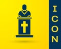 Blue Church pastor preaching icon on yellow background. Vector