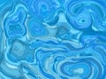 Blue circle abstract liquid paint textured frame with decorative spirals and swirls. Holographic light color background