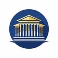 Blue Circle With Gold Greek Temple, An artistic interpretation of the Acropolis in Athens, minimalist simple modern vector logo