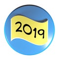 Blue circle push button 2019 flag - 3D rendering illustration