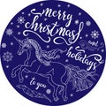 White linear unicorn with hand writing quote merry christmas, snowflakes inside blue circle. Vector illustration.