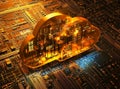 On a blue circuit background, there is a golden cloud computing icon Royalty Free Stock Photo