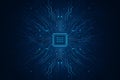 Blue circuit board with a central processor unit. Digital network connection concept for technology and computing. Data processing Royalty Free Stock Photo