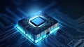 Blue circuit board with processor background. CPU Motherboard Central Computer Processor quantum concept, Quantum Technology
