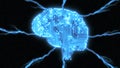 Blue circuitry brain with electrical lightning bolts