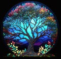 A blue circular stained glass window depicting a tree. Generative AI Royalty Free Stock Photo