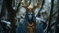 Blue Clad King With Golden Horns In Cinematic Woods Royalty Free Stock Photo