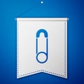 Blue Classic closed steel safety pin icon isolated on blue background. White pennant template. Vector Royalty Free Stock Photo