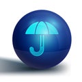 Blue Classic elegant opened umbrella icon isolated on white background. Rain protection symbol. Blue circle button Royalty Free Stock Photo