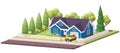 Blue Classic Suburban Family House With Yellow Car in Front of It. Low Poly Illustration