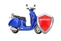 Blue Classic Vintage Retro or Electric Scooter with Red Metal Protection Warranty Shield. 3d Rendering Royalty Free Stock Photo