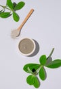 Blue clay in a bowl and spoon on a light background with leaves and shadow