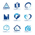 Blue Clean logo with Home cleaning and Shine light sign vector set design