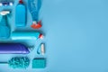 Blue cleaning products and household supplies Royalty Free Stock Photo