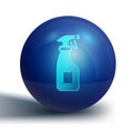 Blue Cleaning spray bottle with detergent liquid icon isolated on white background. Blue circle button. Vector