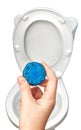 Blue cleaning tablet for sanitizing toilet bowl in hand housewife.