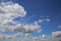 Blue clear daylight summer sky background, copy space, high white fluffy cumulus summer clouds