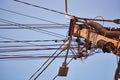 Blue clear sky and pole with large bundle of electric wires.