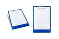 Blue clipboard with blank white paper isolated on white background Royalty Free Stock Photo