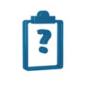 Blue Clipboard with question marks icon isolated on transparent background. Survey, quiz, investigation, customer