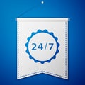 Blue Clock 24 hours icon isolated on blue background. All day cyclic icon. 24 hours service symbol. White pennant