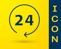 Blue Clock 24 hours icon isolated on yellow background. All day cyclic icon. 24 hours service symbol. Vector