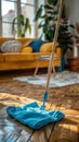 Blue Cloth Covering Mop on Floor Royalty Free Stock Photo