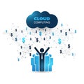 Blue Cloud Computing Design Concept with Standing Businessmen, Icons and World Map - Digital Network Connections