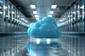 Blue cloud computing icon hovering in server room Royalty Free Stock Photo