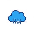 Blue cloud icon with bold outline features three arrows, two pointing downward