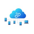 Blue cloud icon with gears represents cloud computing. It connects to multiple Royalty Free Stock Photo