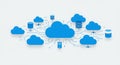 Blue cloud icons of various sizes are connected by intricate circuit lines,