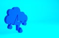 Blue Cloud with rain and lightning icon isolated on blue background. Rain cloud precipitation with rain drops.Weather Royalty Free Stock Photo