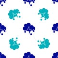 Blue Cloud with rain and lightning icon isolated seamless pattern on white background. Rain cloud precipitation with Royalty Free Stock Photo