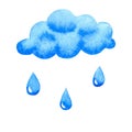 Blue cloud with raindrops. Hand drawn watercolor illustration isolated on white background Royalty Free Stock Photo