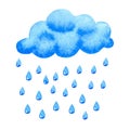 Blue cloud with raindrops. Hand drawn watercolor illustration isolated on white background Royalty Free Stock Photo