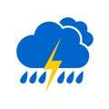 Blue cloud with raindrops and yellow lightning. Stormy rainy weather forecast icon with downpour and thunderstorm Royalty Free Stock Photo