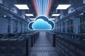 Blue cloud symbol with light beams in a server room data center technology cloud computing Royalty Free Stock Photo
